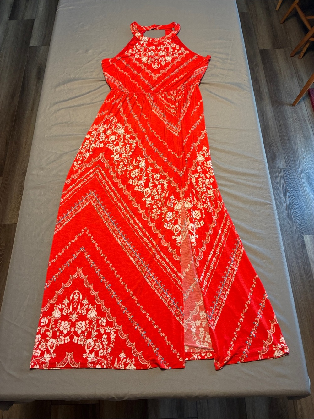 Three Pink Hearts Red Maxi Dress with White Floral Bandana Print